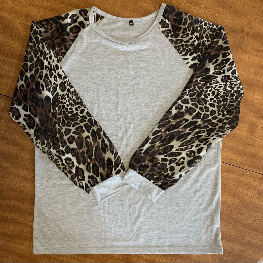 Grey Leopard Print Long Sleeve T-shirt